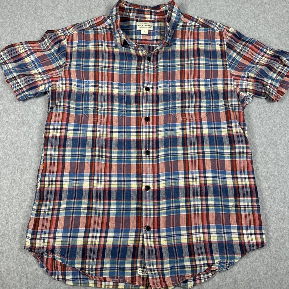 Lucky Brand 100% Linen Men's Large Button Up‎ Plaid Madras Style S/S Shirt